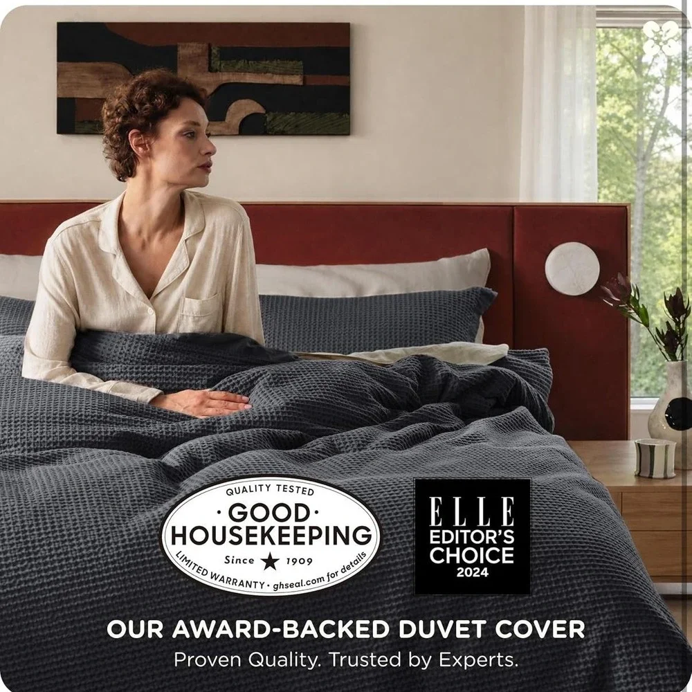 Bedsure King Duvet Cover Set 100% Cotton Gray Waffle Soft Breathable Cozy
